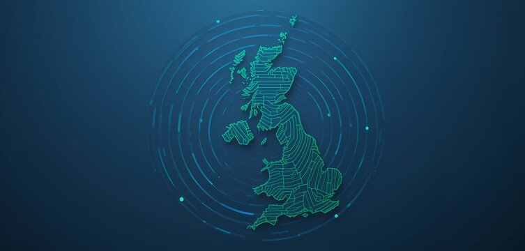 Futuristic digital map of united kingdom with glowing contour lines and radar style background