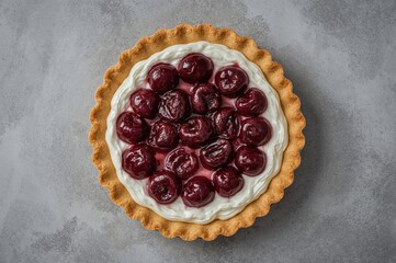 Close-up of a freshly baked ricotta cherry pie on a neutral surface, made with love.
