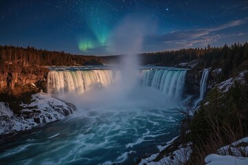 Fototapeta premium Nighttime view of cascading waterfalls surrounded by icy winter landscape