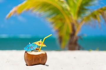 Refreshing coconut drink with straw and umbrella on sandy tropical beach, framed by palm leaves, turquoise ocean, blue sky, sunshine. Perfect summer vacation, travel, relaxation, paradise scene.