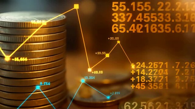 Stack Coins with Financial Charts Growth Numbers Business Money Market Analysis Display