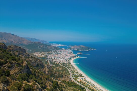 Panoramic aerial shot of a serene region in Eastern Attica with stunning blue skies