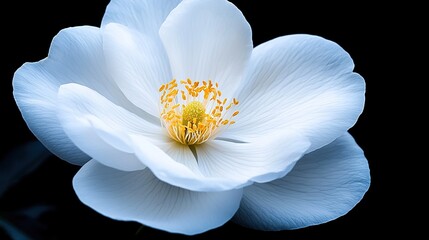   Close-up image of a white flower with yellow stamen at its center