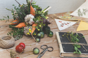 Rustic Harvest Still Life with Fresh Vegetables and Herbs