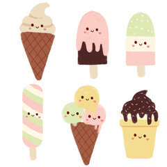 Cute Ice Cream Clipart Set – Kawaii Pastel Popsicle and Cone