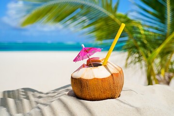 Refreshing coconut drink with straw and umbrella on sandy tropical beach, framed by palm leaves, turquoise ocean, blue sky, sunshine. Perfect summer vacation, travel, relaxation, paradise scene.