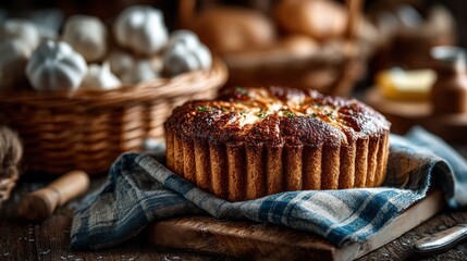 Rustic Quiche Lorraine with Garlic Bulbs in Wicker Basket Arrangement