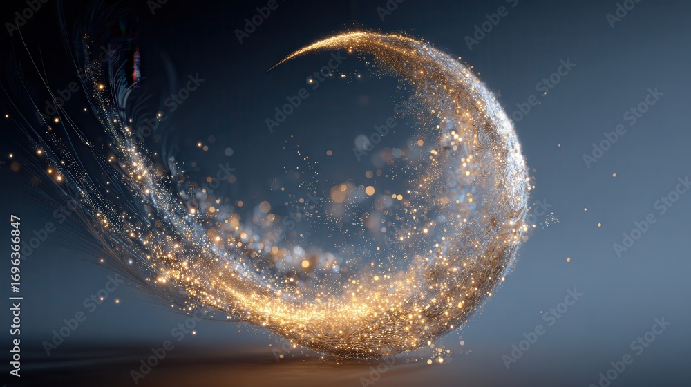 Poster cosmic dust swirls in vibrant colors across the dark expanse of space with shimmering trails and glo