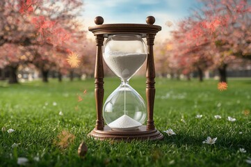 Hourglass representing seasonal transitions and the arrival of spring. Visual concept for daylight saving time in March.