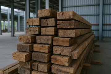 Stack of wooden beams in sustainable industrial area with natural light highlighting texture of wood in spacious sia warehouse