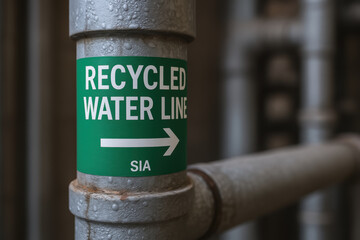 Recycled water line pipe in sustainable industrial area with SIA label on metal plumbing system for eco friendly water reuse and conservation