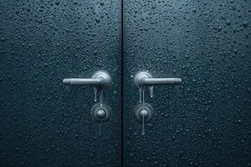 The exterior wall of a building covered in ice, with frozen plastic door hardware, set against the backdrop of a sports team or an industrial facility's supervisor.