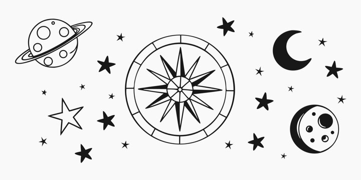 Celestial Compass and Planets Illustration