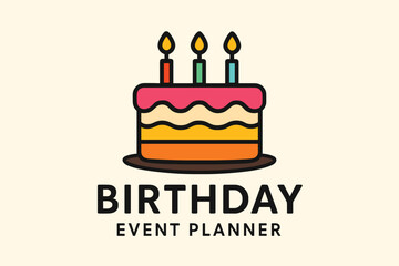 Birthday Event Planner Logo with Colorful Cake and Candles.