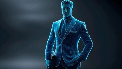 Confident businessman in glowing blue suit, holding briefcase, embodying modern digital innovation and professionalism
