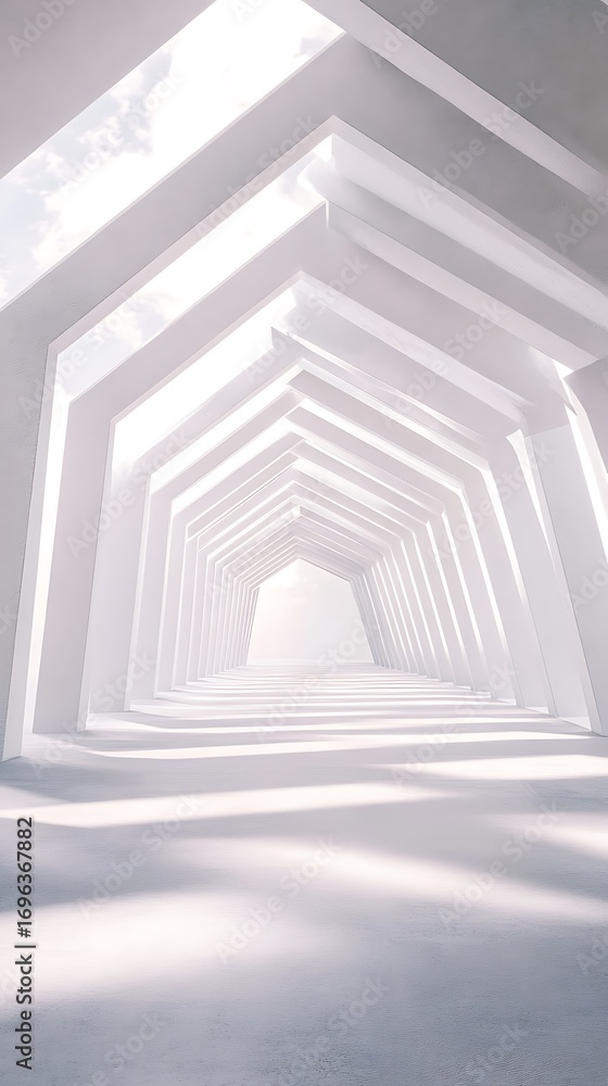 Poster abstract white architectural tunnel with repeating geometric shapes and light