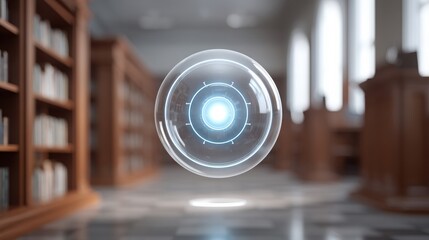 Education technology Floating orb emitting light in a library filled with books.