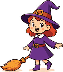 Cute cartoon illustration of a little girl dressed as a witch with a broomstick, perfect for Halloween and fantasy themes