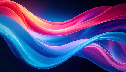Smooth flowing abstract waves in vibrant pink, red, and blue hues on dark background, dynamic and fluid.