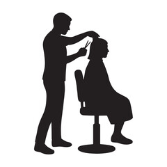 Vector art of silhouette of a barber cutting hair in a salon