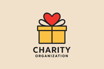 Charity organization logo with gift box and heart symbol for giving.
