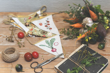 Rustic Harvest Still Life with Fresh Vegetables and Herbs