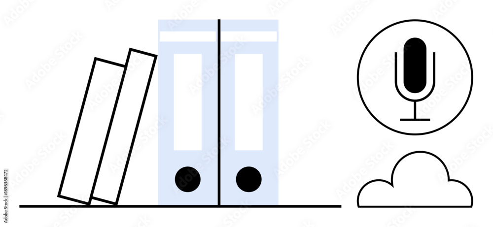 Poster document folders neatly stacked with two standing upright, a microphone symbol for audio input, and 