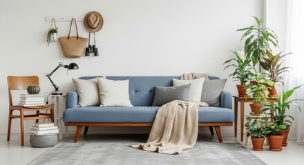 Fototapeta premium Serene Living Room with Blue Sofa, Plants, and Natural Light Accents