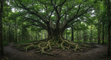 Massive ancient banyan tree with exposed roots in a lush green forest