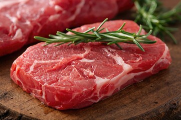Fototapeta premium Raw pork chops with rosemary on a rustic wooden board
