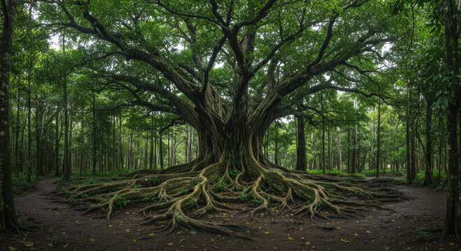 Massive ancient banyan tree with exposed roots in a lush green forest