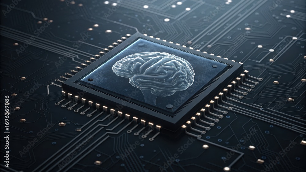 Poster digital chip with brain symbol on circuit board background