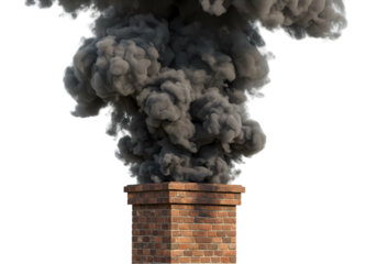 Dark Smoke Plume Emitting from Brick Chimney Against White Background isolated on transparent background