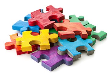 Pile of colorful wooden puzzle pieces isolated on white background