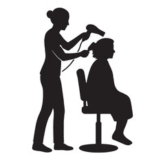 Vector art of silhouette of a hairdresser drying a clients hair