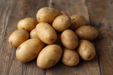 Newly harvested potatoes on wooden surface