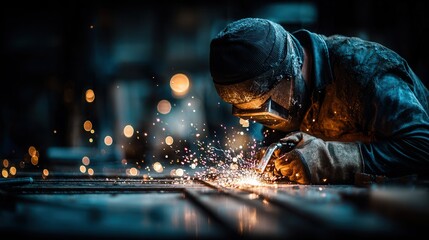 Factory worker welding metal parts with bright sparks