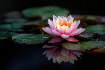 Pink lotus flower reflecting on dark water