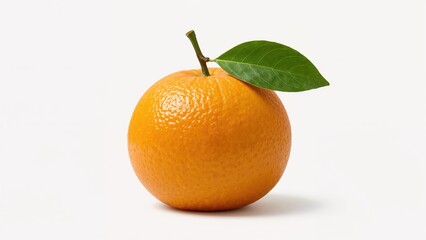 Close-up of a single fresh orange with a green leaf on a white background