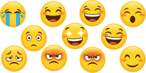 Fototapeta premium Create a Funny cartoon yellow emoji and emotions icon collection. Mood and facial emotion icons. Crying, smile, laughing, joyful, sad, angry and happy faces, emoticons vector art with white background