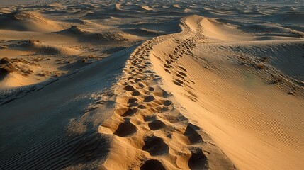 Footprints ascending golden sand dune in warm desert light
