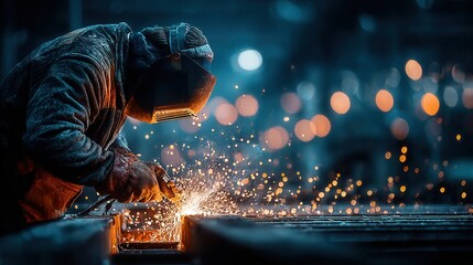 Factory worker welding metal parts with bright sparks