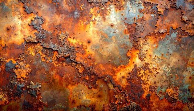 Close-up of corroded rusty metal surface with rich orange and brown textures, detailed weathered decay.