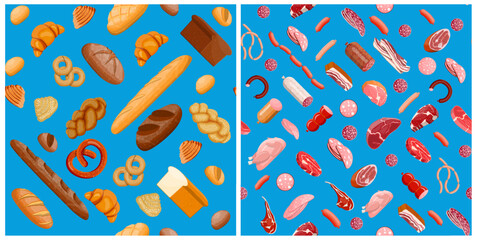 patterns with various bread and meat products on blue background. Fresh bakery goods and deli meats. Flat-style food illustration for grocery store.