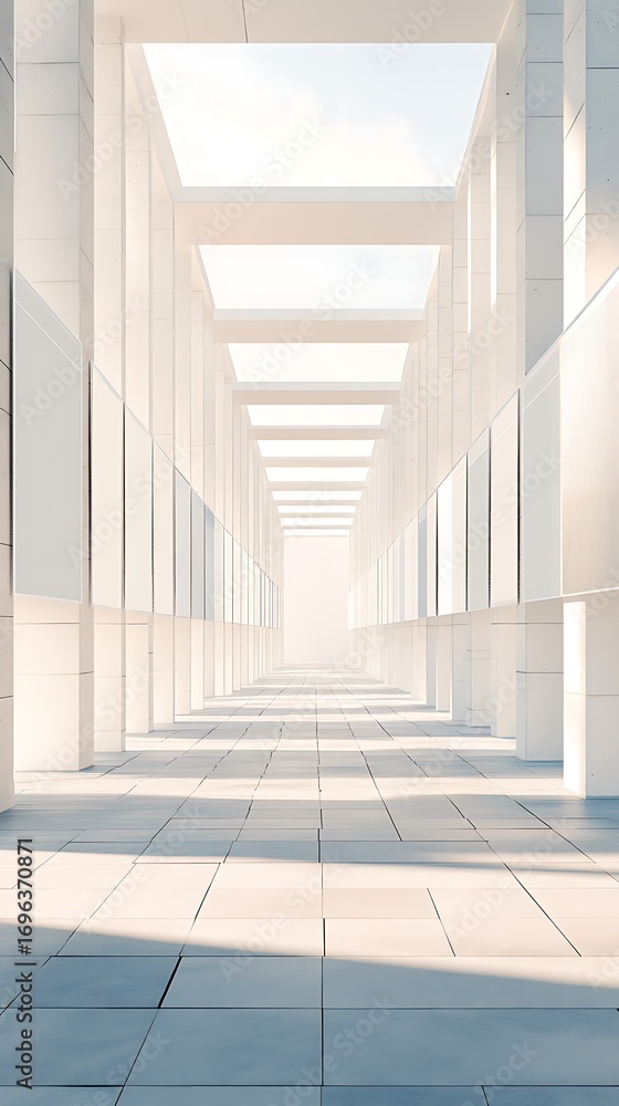 Poster modern architectural corridor with repeating geometric shapes and natural light creating a sense of 