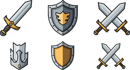 Create a kinds of deferent sword emoji icon set. Swords, shield, crossed swords, vector art with white background.