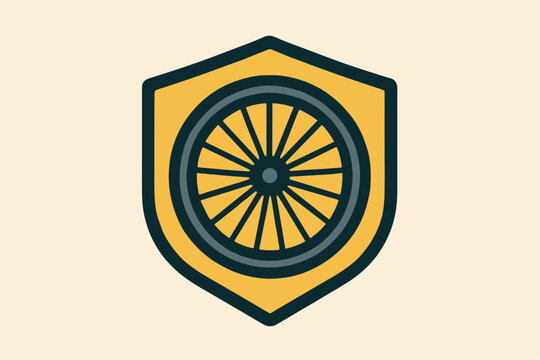Shield emblem featuring a bicycle wheel design with a yellow and blue color scheme.