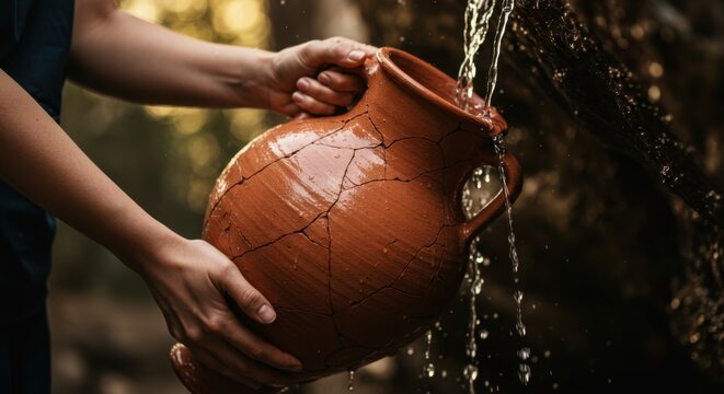 Woman filling ancient cracked clay jug with pure water. Concept of ancient life, desert survival, spiritual thirst, living water.