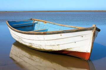 Old fishing boat resting on calm waters at low tide under clear blue sky