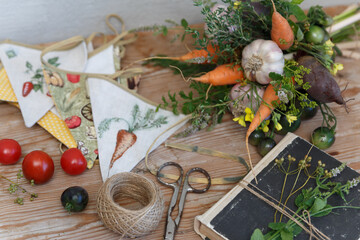 Rustic Harvest Still Life with Fresh Vegetables and Herbs
